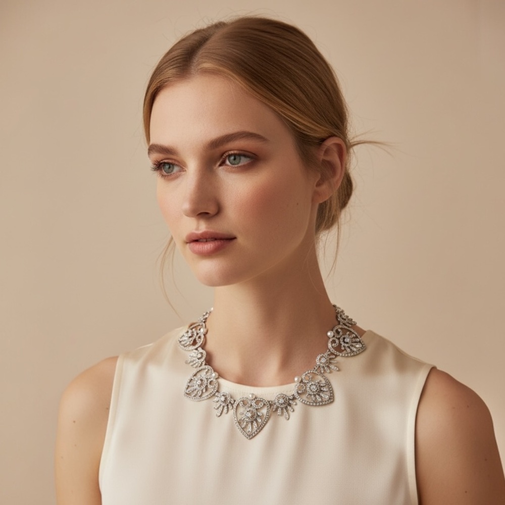 Oscar de la Renta Silver Heart Rhinestone Necklace